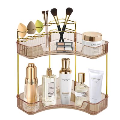 Cosmetic Display Cases Makeup Organizer: Corner Vanity Makeup Shelf Holder Multi-Function Bathroom Display Box Cosmetic Storage Holder for Dresser,Fits Cosmetics, Perfume, Skincare(2-Tier,Amber Gold)