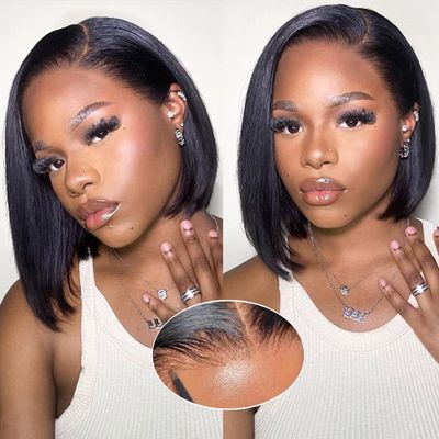 FABHAIR Bob Wig Human Hair Straight 13x4 Lace Frontal Wigs Human Hair Pre Plucked 180 Density Glueless Short Wigs for Black Women 12inch