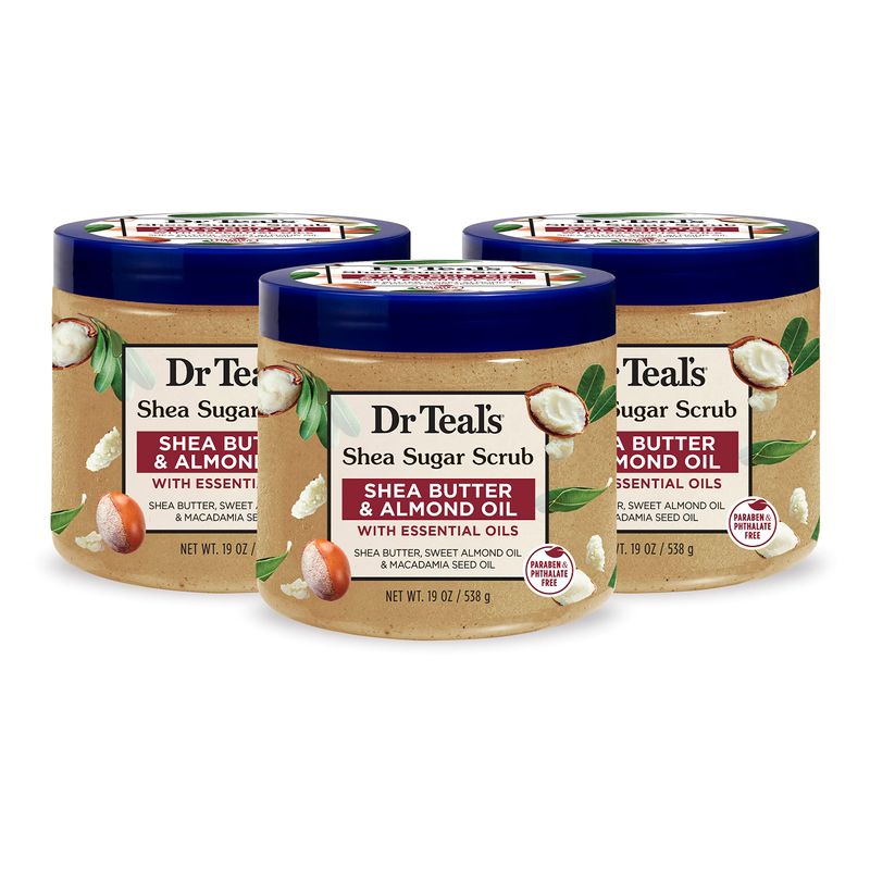 Dr Teal's Shea Sugar Body Scrub, Shea Butter with Almond Oil &amp; Essential Oils, 19 oz (Pack of 3) (Packaging May Vary)