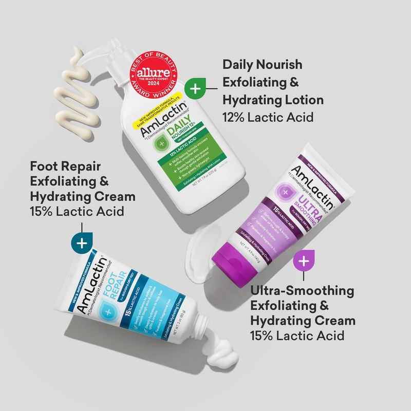 AmLactin Award-Winning Essentials Skin Care Set - Daily Nourish 12% Lotion, Ultra Smoothing Cream, Foot Repair Cream &amp; Moisturizing Socks - Lactic Acid Moisturizer Gift Set for Whole-Body Skin Renewal