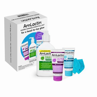AmLactin Award-Winning Essentials Skin Care Set - Daily Nourish 12% Lotion, Ultra Smoothing Cream, Foot Repair Cream &amp; Moisturizing Socks - Lactic Acid Moisturizer Gift Set for Whole-Body Skin Renewal
