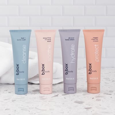 b.box body Bath + Skin Care Minis - Cleanse, Soothe, Hydrate &amp; Protect. 4 Pack of Body Wash, Mineral Soak, Lotion &amp; Diaper Cream. Calming Scents. For Newborns &amp; All Ages. Ideal Baby Gifts. 2 Fl Oz