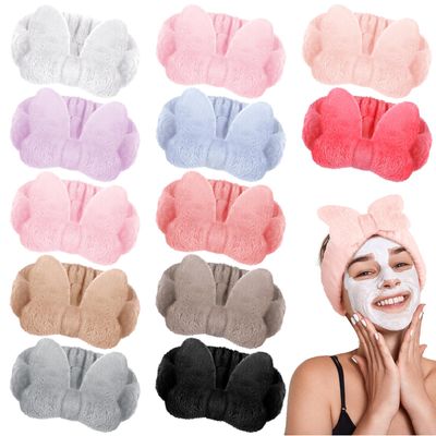 Fourluoo 12 Pcs Bow Spa Headband for Washing Face Skincare Makeup Headband Hair Band Coral Fleece bunny Bowknot for Women