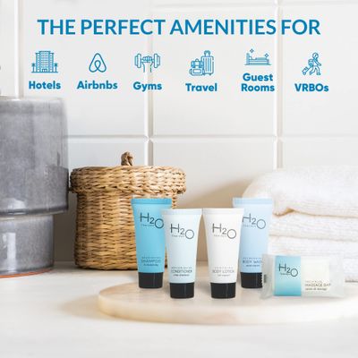 H2O Therapy Hotel Soaps and Toiletries Bulk Set | 1-Shoppe All-In-Kit Amenities for Hotels &amp; Airbnb | .85oz Hotel Shampoo &amp; Conditioner, Body Wash, Body Lotion &amp; 1 oz Bar Soap Travel Size | 75 Pieces