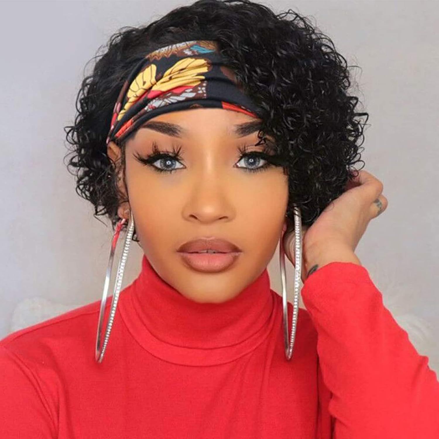 Headband Wig Human Hair Pixie Cut wig Human Hair Wigs For Black Women Curly Wigs For Black Women Black Curly Wig Short Black Wigs For Women Glueless Wig Cheap Short Curly Human Hair Wigs 1B 8inch