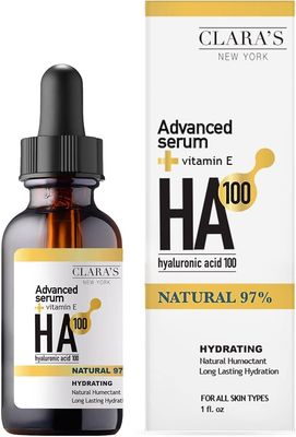 CLARA&#39;S NEW YORK 100 Pure Advanced Hyaluronic Acid Facial Serum 30ml with Vitamin E for Plumping, Anti Aging and Intense Hydration, Moisturized Skin - Made in USA 30ml (1Fl/Oz)