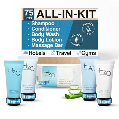 H2O Therapy Hotel Soaps and Toiletries Bulk Set | 1-Shoppe All-In-Kit Amenities for Hotels &amp; Airbnb | .85oz Hotel Shampoo &amp; Conditioner, Body Wash, Body Lotion &amp; 1 oz Bar Soap Travel Size | 75 Pieces