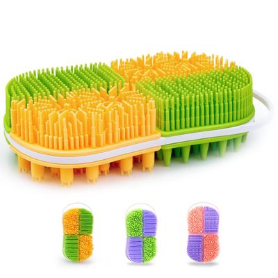 2-in-1 Silicone Body Hair Scrubber, Upgraded Bristles Exfoliating Massage Shower Body Scrub Bathing Brush for All Skin, Non-Slip Ergonomic Handle Exfoliator Silicone Loofah Easy Clean(Green+Yellow)