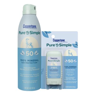 Coppertone Pure and Simple Mineral Sunscreen Pack, Hypoallergenic Sunscreen for Sensitive Skin with Zinc Oxide Protection, Sunscreen Spray SPF 50, 5 Oz Can + SPF 50 Sunscreen Stick, 0.49 Oz