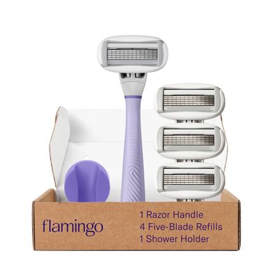 Flamingo Razors for Women, 1 Women&#39;s Razor Handle (Lilac), 4 Razor Five-Blade Refills, and 1 Shower Holder