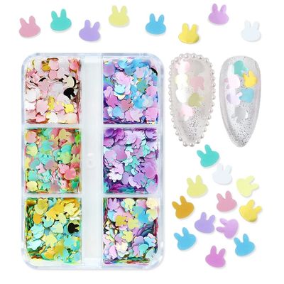 Easter Nail Art Glitters Bunny Nail Art Supplies Sequins 3D Holographic Easter Rabbit Nail Flake Confetti Acrylic Sparkly Nail Glitters for Women Nail Art Decorations Manicure Tips 6 Girds
