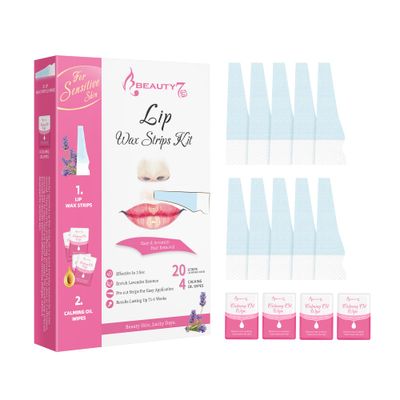 Beauty7 Sensitive Lip Wax Strips Facial Wax Strips Hair Removal 20 pcs with 4pcs Calming Oil Wipes Wax Strips for Sensitive Skin Types