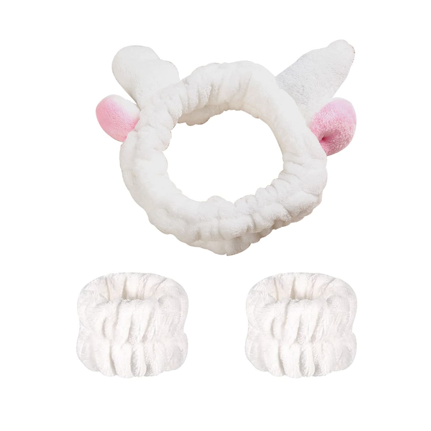 3-Pack Spa Headband and Wristband Set, Soft Cute Antler Headband for Skin Care, Absorbent and Comfortable Skincare Headband for Face Washing and Makeup for Men Women and Girls (White)