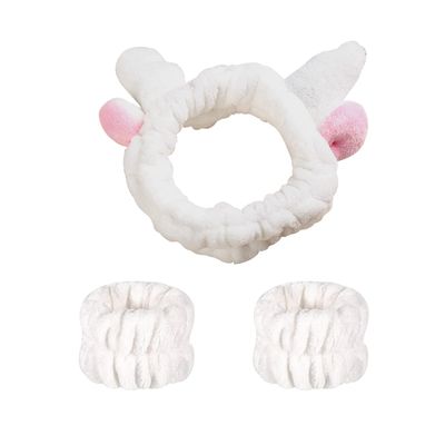 3-Pack Spa Headband and Wristband Set, Soft Cute Antler Headband for Skin Care, Absorbent and Comfortable Skincare Headband for Face Washing and Makeup for Men Women and Girls (White)