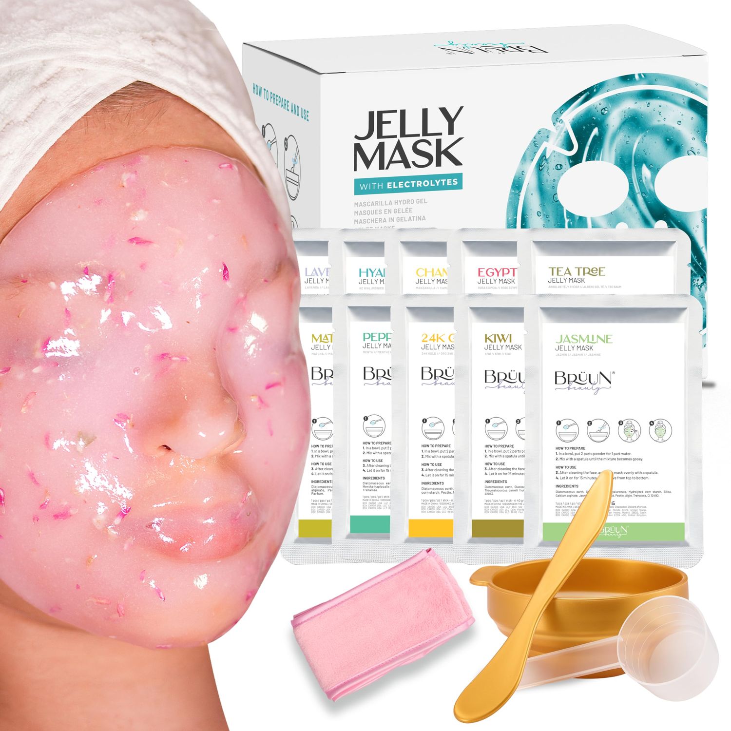 BRUN Peel-Off Jelly Mask Hydrating Premium Modeling Rubber Mask Spa Set - 10 Treatments (24k Gold, Lavender, Kiwi, Peppermint, Egyptian Rose, Matcha, Chamomile, Tea tree, Jazmine)