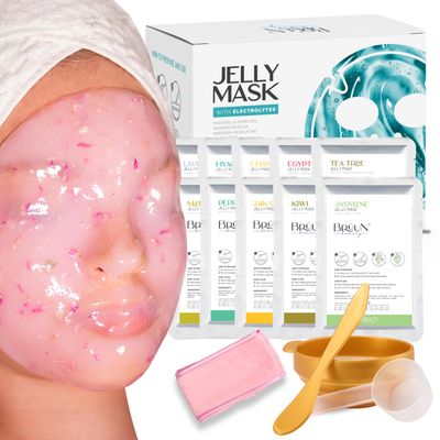 BRUN Peel-Off Jelly Mask Hydrating Premium Modeling Rubber Mask Spa Set - 10 Treatments (24k Gold, Lavender, Kiwi, Peppermint, Egyptian Rose, Matcha, Chamomile, Tea tree, Jazmine)