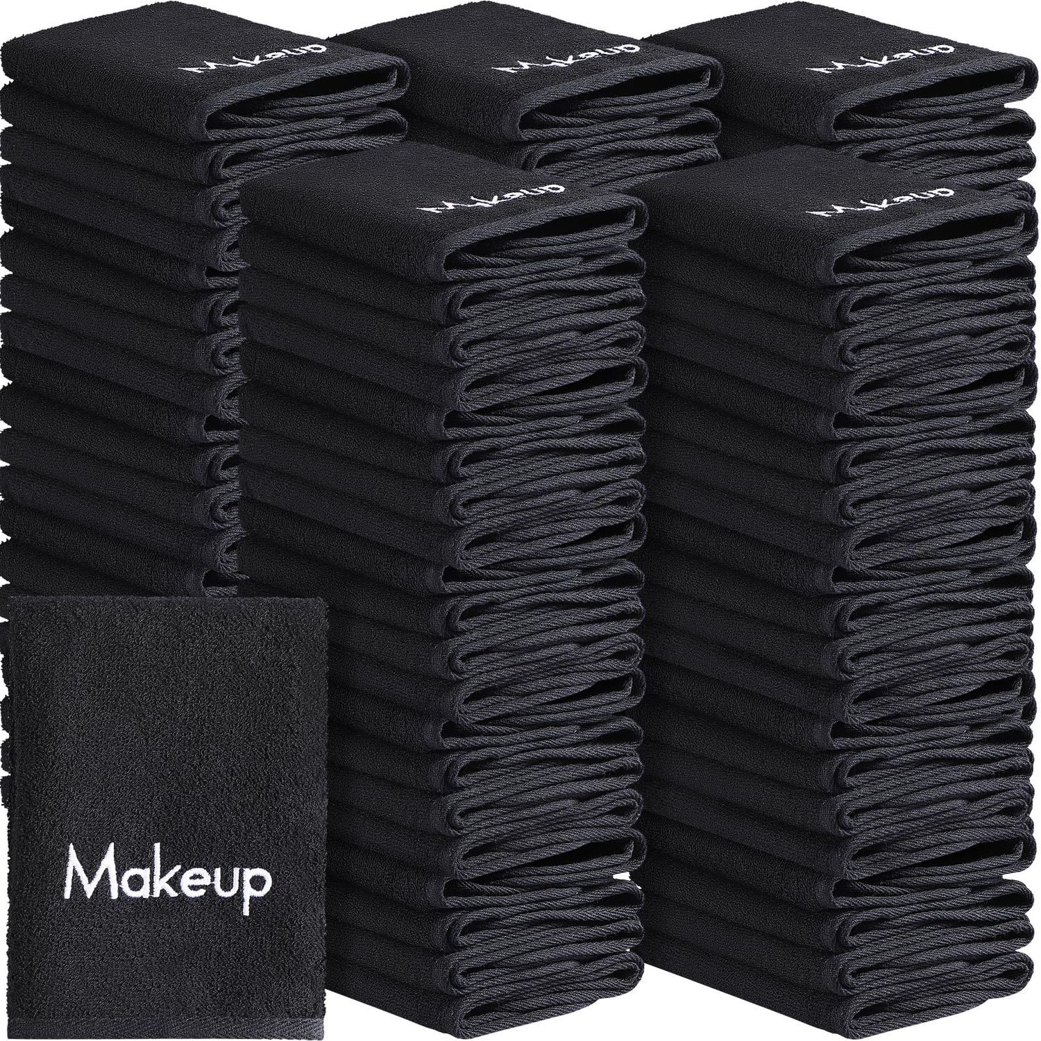 Chumia 100 Pcs Makeup Remover Cloths 13 x 13 Inch Makeup Towel Face Washcloths with Embroidery Black Reusable Makeup Washcloths Soft Cleansing Face Towel for Women