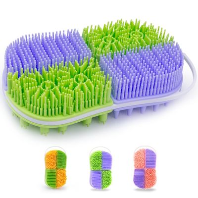 2-in-1 Silicone Body Hair Scrubber, Upgraded Bristles Exfoliating Massage Shower Body Scrub Bathing Brush for All Skin, Non-Slip Ergonomic Handle Exfoliator Silicone Loofah Easy Clean(Purple+Green)