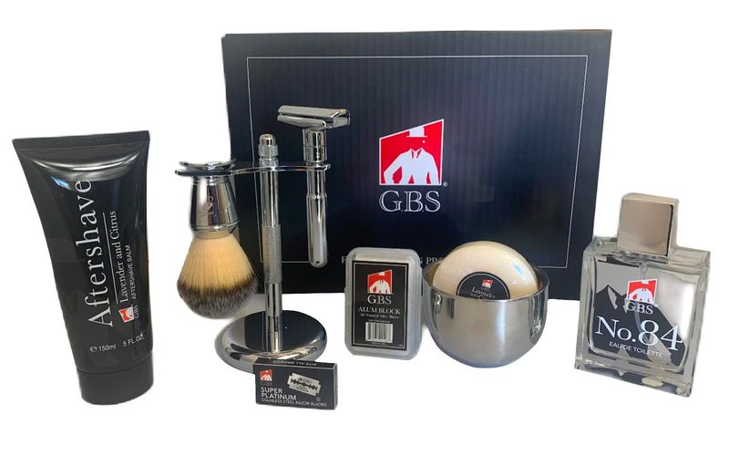 G.B.S Shaving Set, Adjustable Razor Lavender Aftershave Cologne Convenient Badger Brush Stand Bowl, Soap Alum Block and Lavender Durable