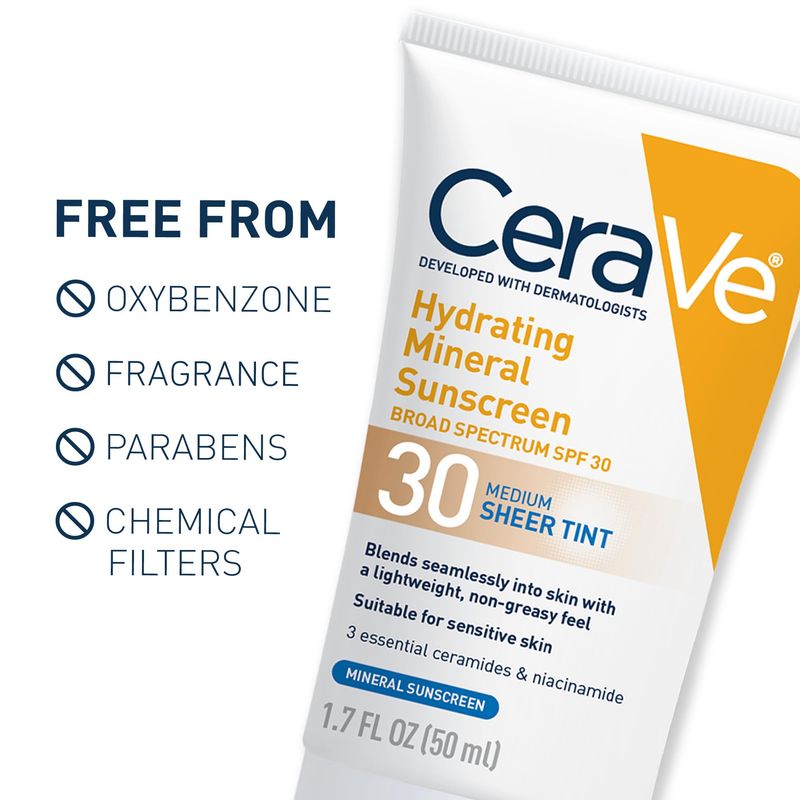CeraVe Hydrating Mineral Sunscreen SPF 30 with Sheer Tint, Tinted Mineral Sunscreen with Zinc Oxide &amp; Titanium Dioxide, Blends Seamlessly For Healthy Glow, Medium, 1.7 Fluid Ounce
