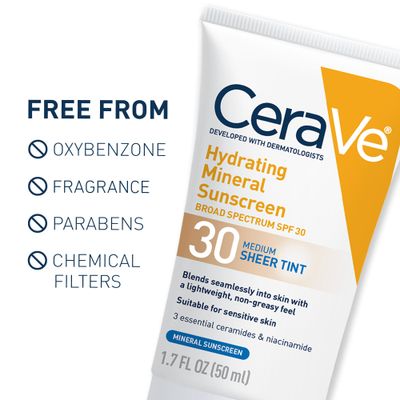 CeraVe Hydrating Mineral Sunscreen SPF 30 with Sheer Tint, Tinted Mineral Sunscreen with Zinc Oxide & Titanium Dioxide, Blends Seamlessly For Healthy Glow, Medium, 1.7 Fluid Ounce