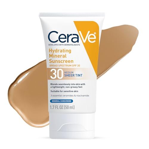 CeraVe Hydrating Mineral Sunscreen SPF 30 with Sheer Tint, Tinted Mineral Sunscreen with Zinc Oxide &amp; Titanium Dioxide, Blends Seamlessly For Healthy Glow, Medium, 1.7 Fluid Ounce