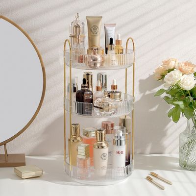 Aveniee Rotating Makeup Organizer for Vanity, Large Perfume Skincare Make Up Storage Organizers for Bathroom Counter, Clear Spinning Cosmetic Lipstick Toiletry Holder (3 Tiers, White)