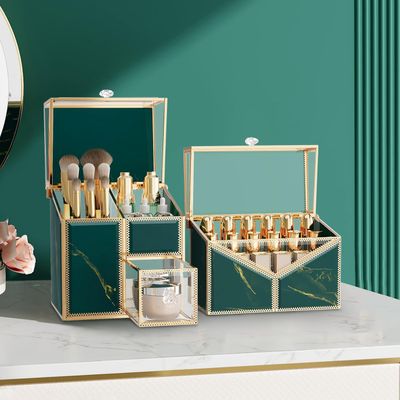 CoralHouse Luxury Tempered Glass Makeup Organizer Countertop - 2-Piece Set: Makeup Brush Holder &amp; 18-Slot Lipstick Organizer, Vanity Organizer for Cosmetics and Skincare Organizer.