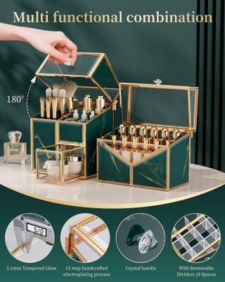 CoralHouse Luxury Tempered Glass Makeup Organizer Countertop - 2-Piece Set: Makeup Brush Holder &amp; 18-Slot Lipstick Organizer, Vanity Organizer for Cosmetics and Skincare Organizer.