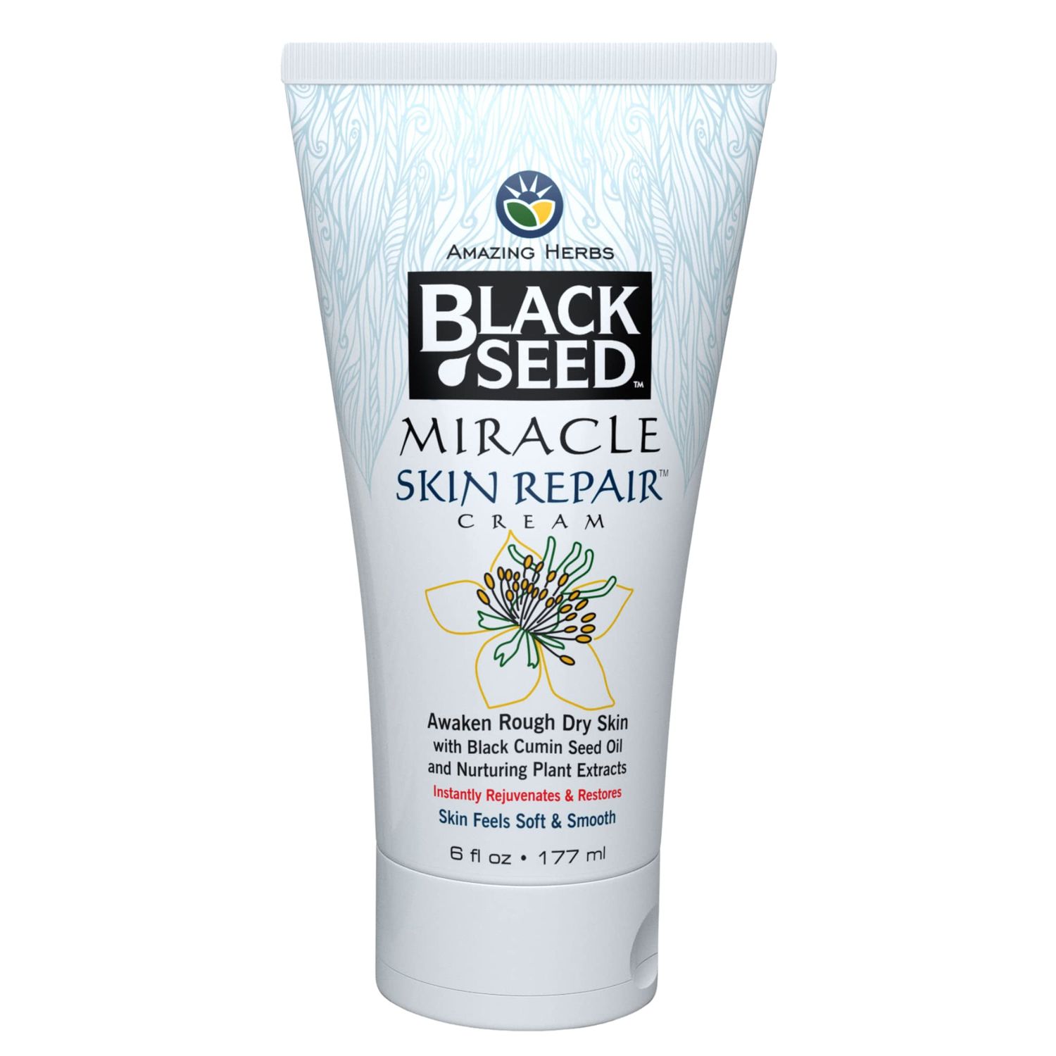 Amazing Herbs Black Seed Miracle Skin Repair Cream - Non-Allergenic Formula, Black Cumin Seed Oil, Vitamin E, and Other Essential Oils Support Collagen &amp; Elastin Production - 6 Fl Oz