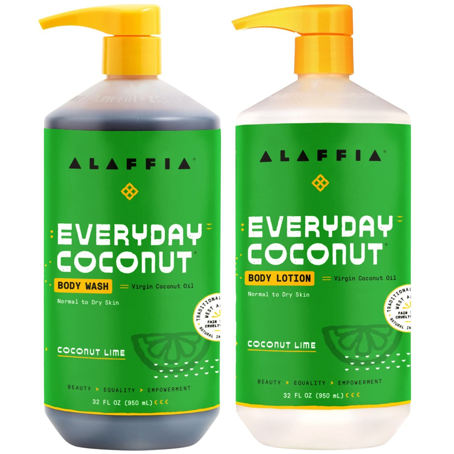 Alaffia EveryDay Coconut Hydrating Body Lotion and Body Wash - Normal to Dry Skin, Moisturizing Support for Soft &amp; Supple Skin, Moisturizes and Cleanses Toxins and Grime, Coconut Lime, 32 Fl Oz Each