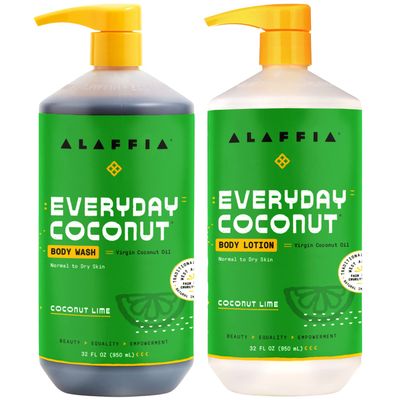 Alaffia EveryDay Coconut Hydrating Body Lotion and Body Wash - Normal to Dry Skin, Moisturizing Support for Soft &amp; Supple Skin, Moisturizes and Cleanses Toxins and Grime, Coconut Lime, 32 Fl Oz Each