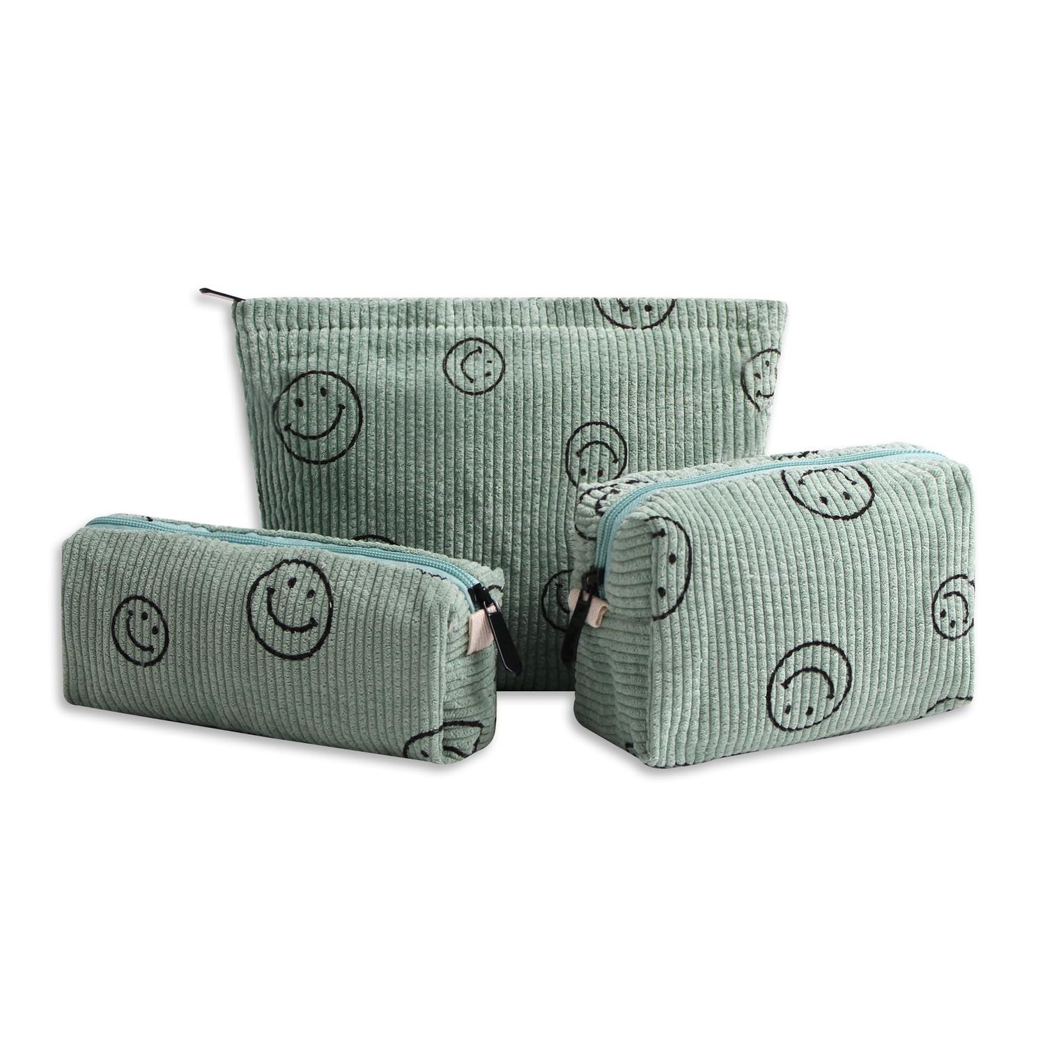 Gardsell 3Pcs Smile Corduroy Cosmetic Bag Makeup Bag Aesthetic Preppy Makeup Bags for Women Girls Corduroy Toiletry Pouch Travel Bags Washable Skincare Bag (3Pcs green)