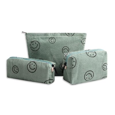 Gardsell 3Pcs Smile Corduroy Cosmetic Bag Makeup Bag Aesthetic Preppy Makeup Bags for Women Girls Corduroy Toiletry Pouch Travel Bags Washable Skincare Bag (3Pcs green)