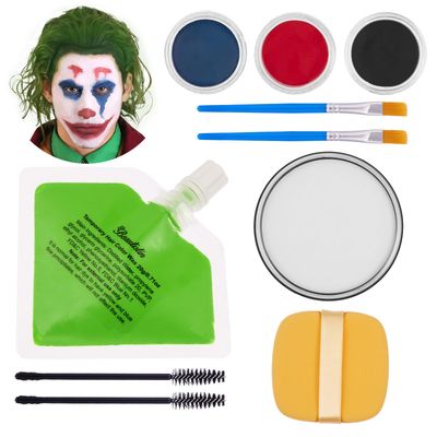 Halloween Joker Clown Makeup Kit - Joker Make Up Kit Includes White Red Black Blue Oil Based Face Body Paint and 20g Green Temporary Hair Color Wax, Powder Puff and 2 Blue Brushes, for Joker Cosplay