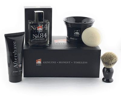 G.B.S Men&#39;s Shaving Set No.84 Cologne Romantic Fragrance, Badger Shaving Brush, 4.5 Inches Diameter Ceramic Mug with Natural Glycerin Shaving Soap, Sandalwood Aftershave, Pack of 5