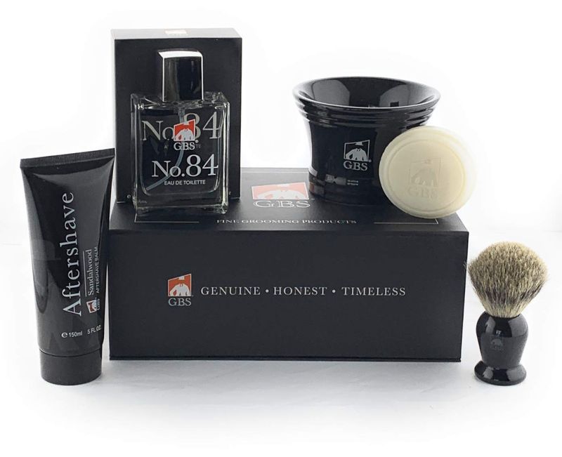 G.B.S Men's Shaving Set No.84 Cologne Romantic Fragrance, Badger Shaving Brush, 4.5 Inches Diameter Ceramic Mug with Natural Glycerin Shaving Soap, Sandalwood Aftershave, Pack of 5