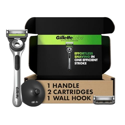 Gillette Labs with Exfoliating Bar by Men&#39;s Razor Set, 1 Shower Hook, Handle, 2 Blade Refills, Silver and Black, Razors for Men, Mens