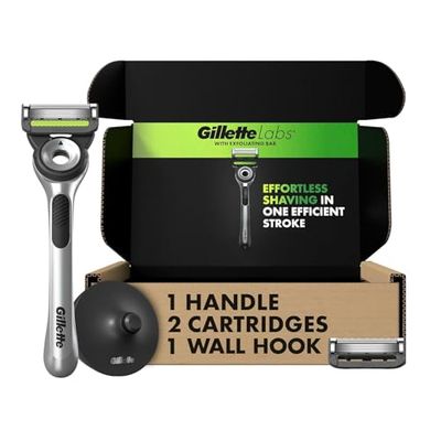 Gillette Labs with Exfoliating Bar by Men&#39;s Razor Set, 1 Shower Hook, Handle, 2 Blade Refills, Silver and Black, Razors for Men, Mens