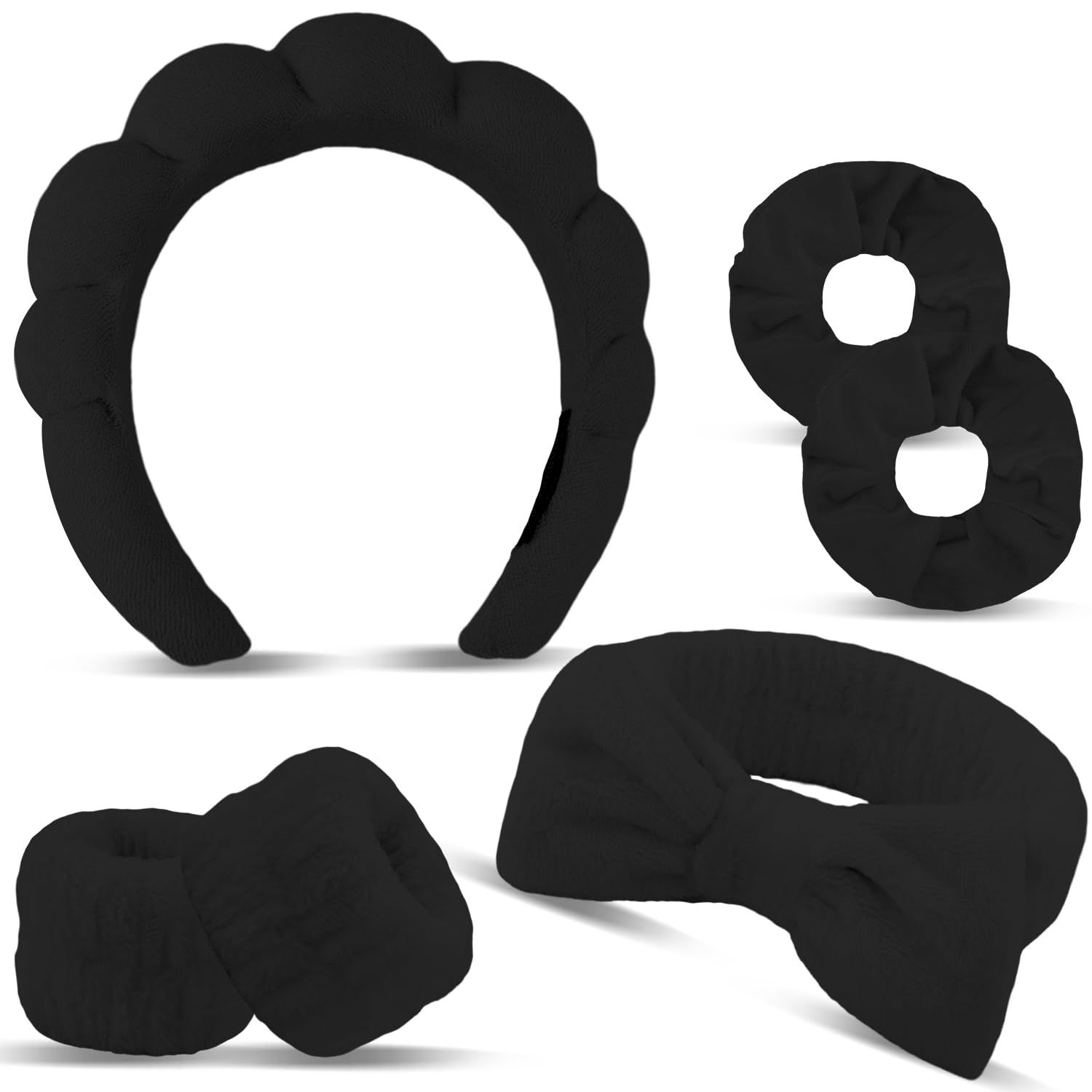 Atoden Hairband Set, 6Pcs Black Microfiber Skincare Makeup Headband Puffy Bubble Spa Hair Band with Wristbands, Gifts for Female