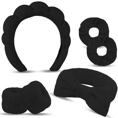 Atoden Hairband Set, 6Pcs Black Microfiber Skincare Makeup Headband Puffy Bubble Spa Hair Band with Wristbands, Gifts for Female
