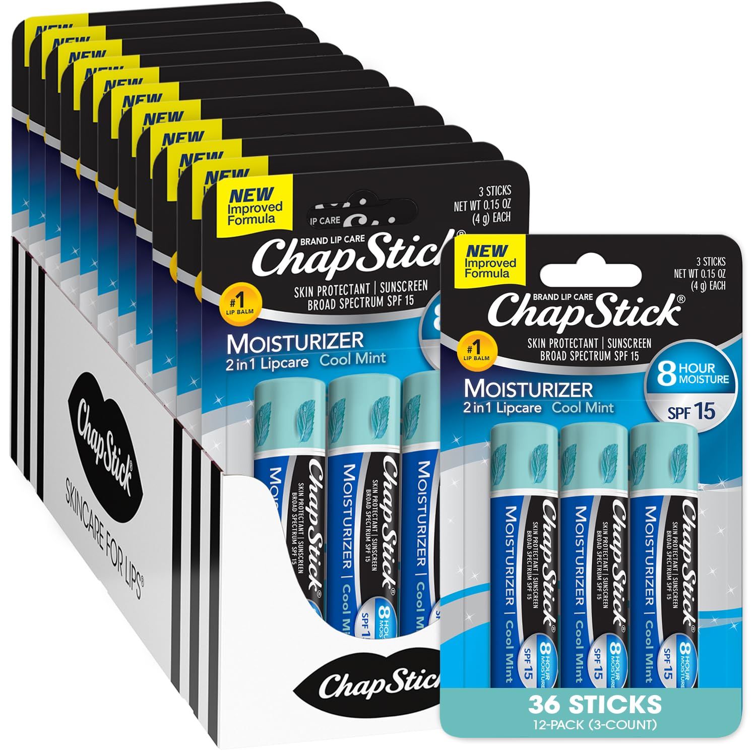 ChapStick Lip Moisturizer, Cool Mint 2-in-1 Lipcare SPF 15 3-Packs (12 Sets/36 Tubes) - Bulk Lip Balm, New Improved Formula, 0.15 Oz Ea