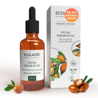 Facial Serum in Oil Revitalizing &amp; Nourishing Organic Argan Oil - 98.4% Natural, Hydrating Anti-Aging Face Serum, Improves Skin Elasticity, 1,7 Fl Oz - Ecolatier