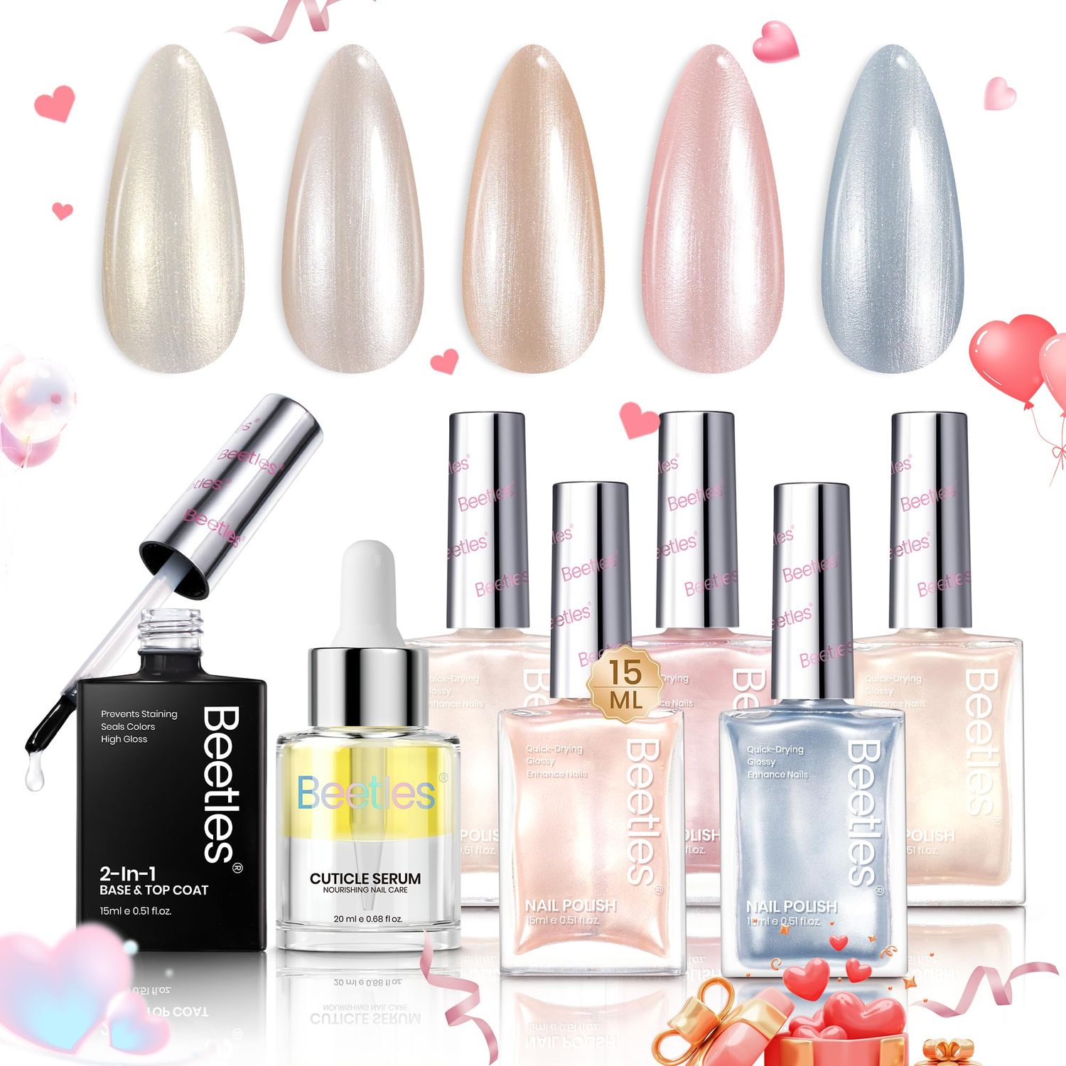 Beetles Pearl Nail Polish Set 7Pcs, Nude Pink Frosty Blue Beige Quick-drying Nail Polish Kit, with 2 IN 1 Base &amp; Top Coat and Cuticle Serum 20ml All-in-One Care Nails Valentines Day Gifts for women