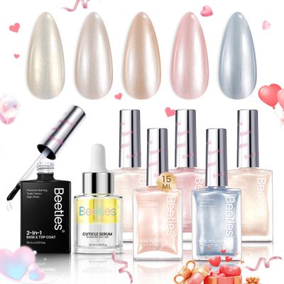 Beetles Pearl Nail Polish Set 7Pcs, Nude Pink Frosty Blue Beige Quick-drying Nail Polish Kit, with 2 IN 1 Base &amp; Top Coat and Cuticle Serum 20ml All-in-One Care Nails Valentines Day Gifts for women