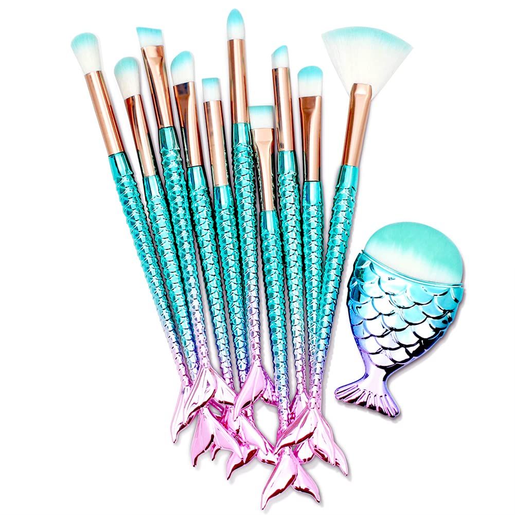 11PCS Makeup Brushes Set with Colorful Fish Tail Handle, Foundation Eyebrow Eyeliner Blush Cosmetic Concealer Brushes Christmas Gifts Stocking Stuffers for Girls Accessories Stuff Cute Makeup Brushes