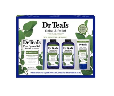 Dr Teal&#39;s Relax &amp; Relief Eucalyptus &amp; Spearmint Epsom Salt 11oz &amp; Foaming Bath Oil, Body Wash 3oz &amp; Body Lotion 1oz Set