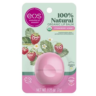 eos 100% Natural &amp; Organic Lip Balm- Strawberry Sorbet, All-Day Moisture, Dermatologist Recommended for Sensitive Skin, Lip Care Products, 0.25 oz
