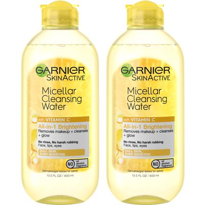 Garnier Micellar Water with Vitamin C, Facial Cleanser &amp; Makeup Remover, Brightening &amp; Hydrating, For All Skin Types, Vegan, Cruelty Free, 13.5 Fl Oz (400mL), 2 Count