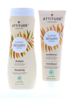 ATTITUDE Super Leaves Volume Shine Shampoo Conditioner- Soy Protein &amp; Cranberries Bundle with Vitamin B5 Watercress Indian Cress, Raspberry, 16 Fl Oz and 8 oz, 2 count